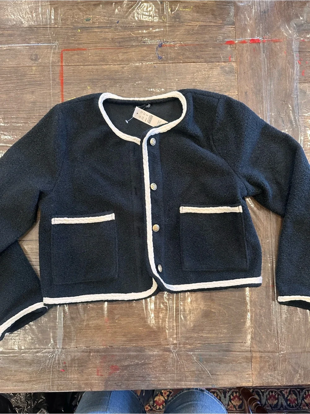 J. Crew Black Bouclé Yarn Lady Cropped Jacket with White Trim